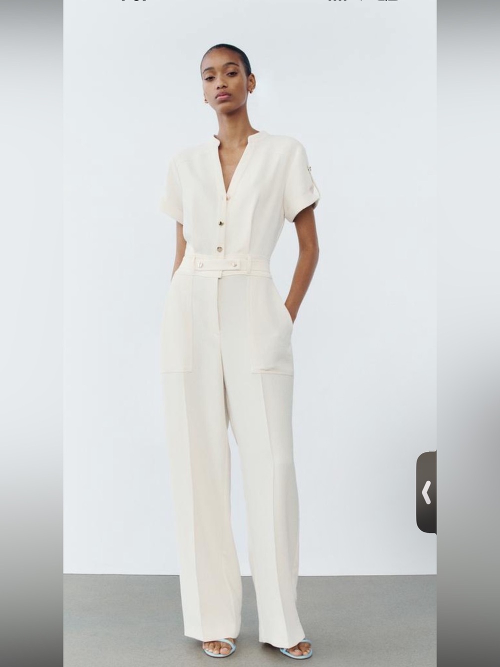 Zara Cream Short-Sleeve Belted Wide-Leg Jumpsuit